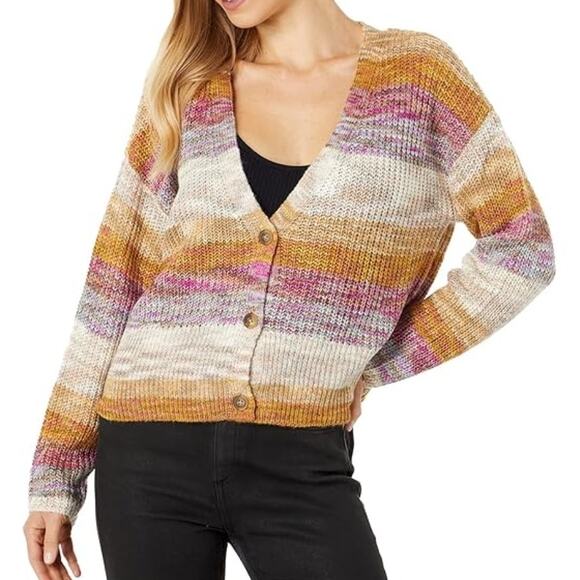 Lucky Brand V-Neck Button Cardigan Womens Large Multi Marl Ombre Stripe Topper - Picture 4 of 10